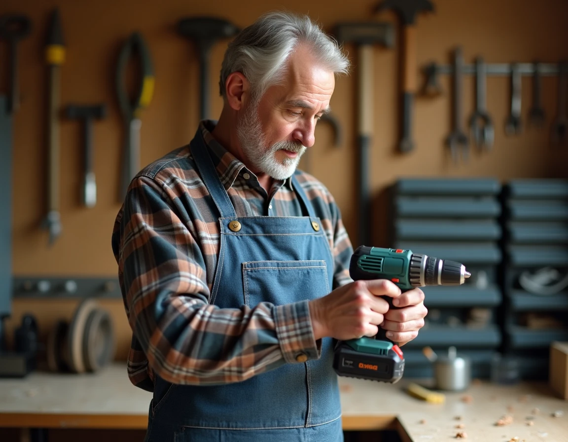 Un homme d'une cinquantaine d'années examine attentivement une perceuse sans fil dans son atelier de bricolage bien organisé