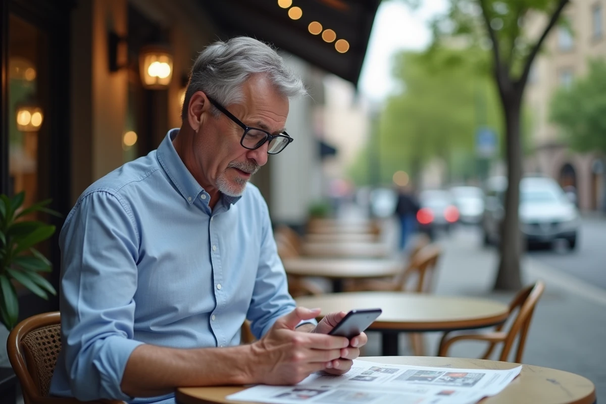 Homme d age moyen lisant un journal numerique au cafe