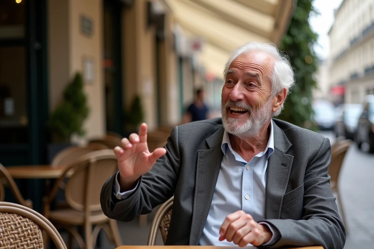 Homme âgé en blazer discutant dans un café parisien