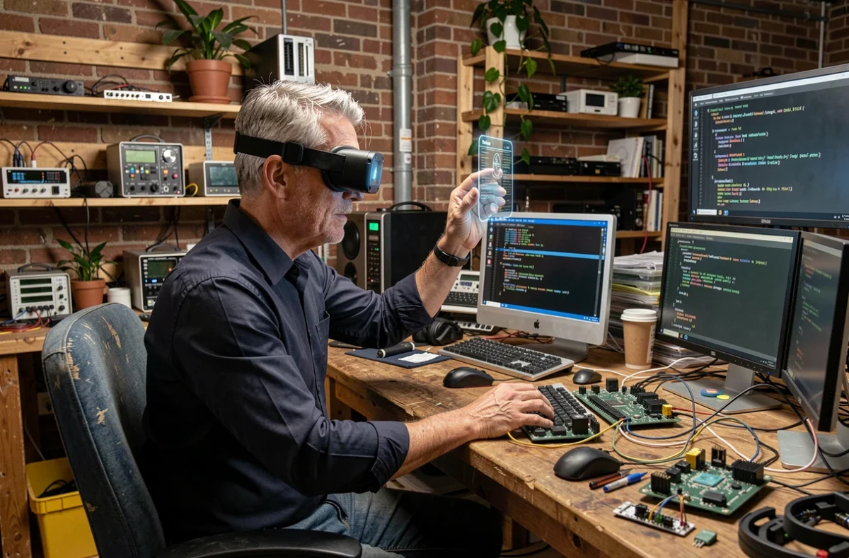 Homme utilisant un casque de réalité augmentée dans un laboratoire maison rempli d'équipements high tech