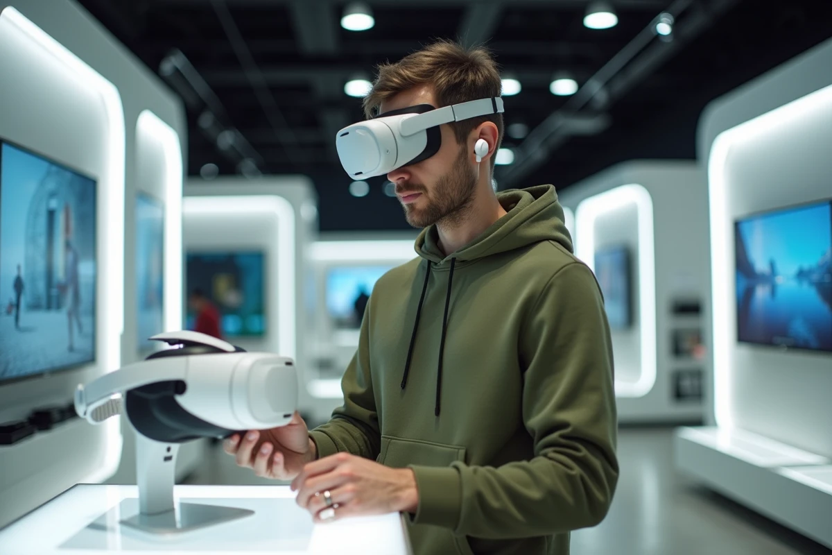 Homme découvrant un casque de réalité mixte dans un magasin high-tech, représentant les innovations technologiques tendance