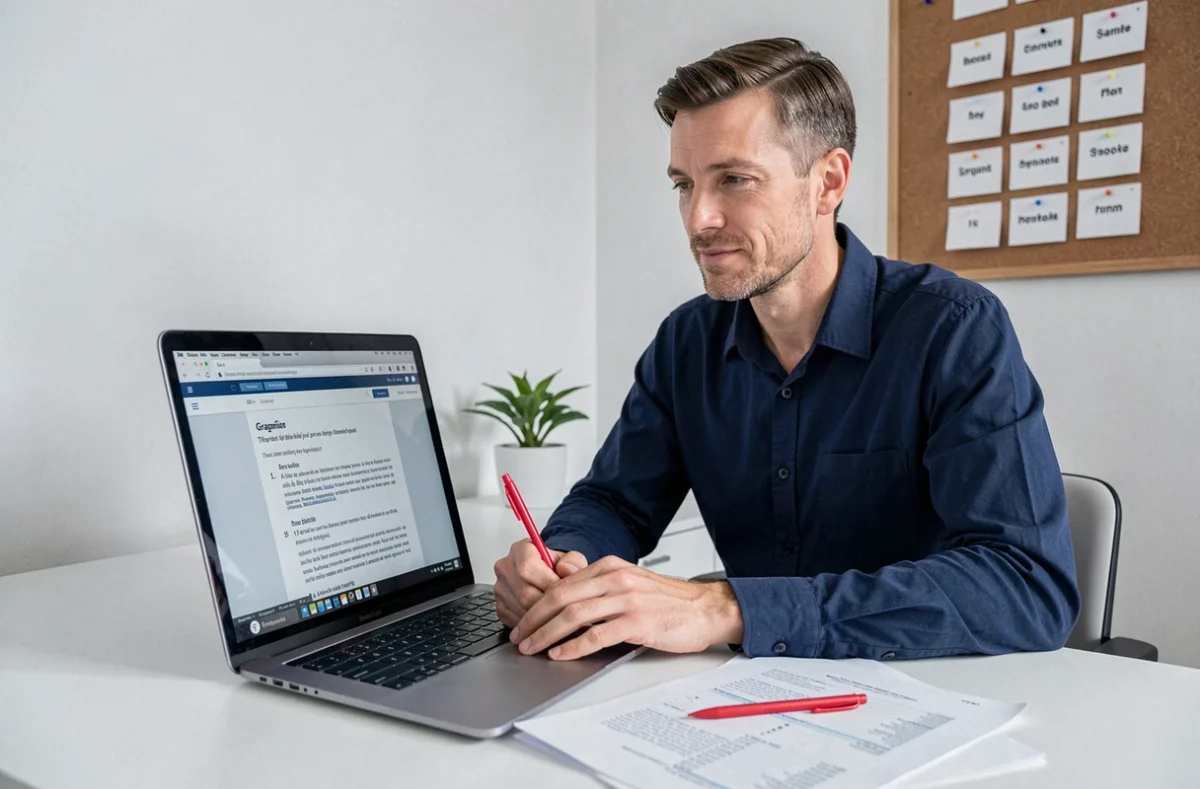Homme adulte corrigeant des exercices de grammaire sur les classes grammaticales avec un PDF ouvert sur ordinateur à domicile