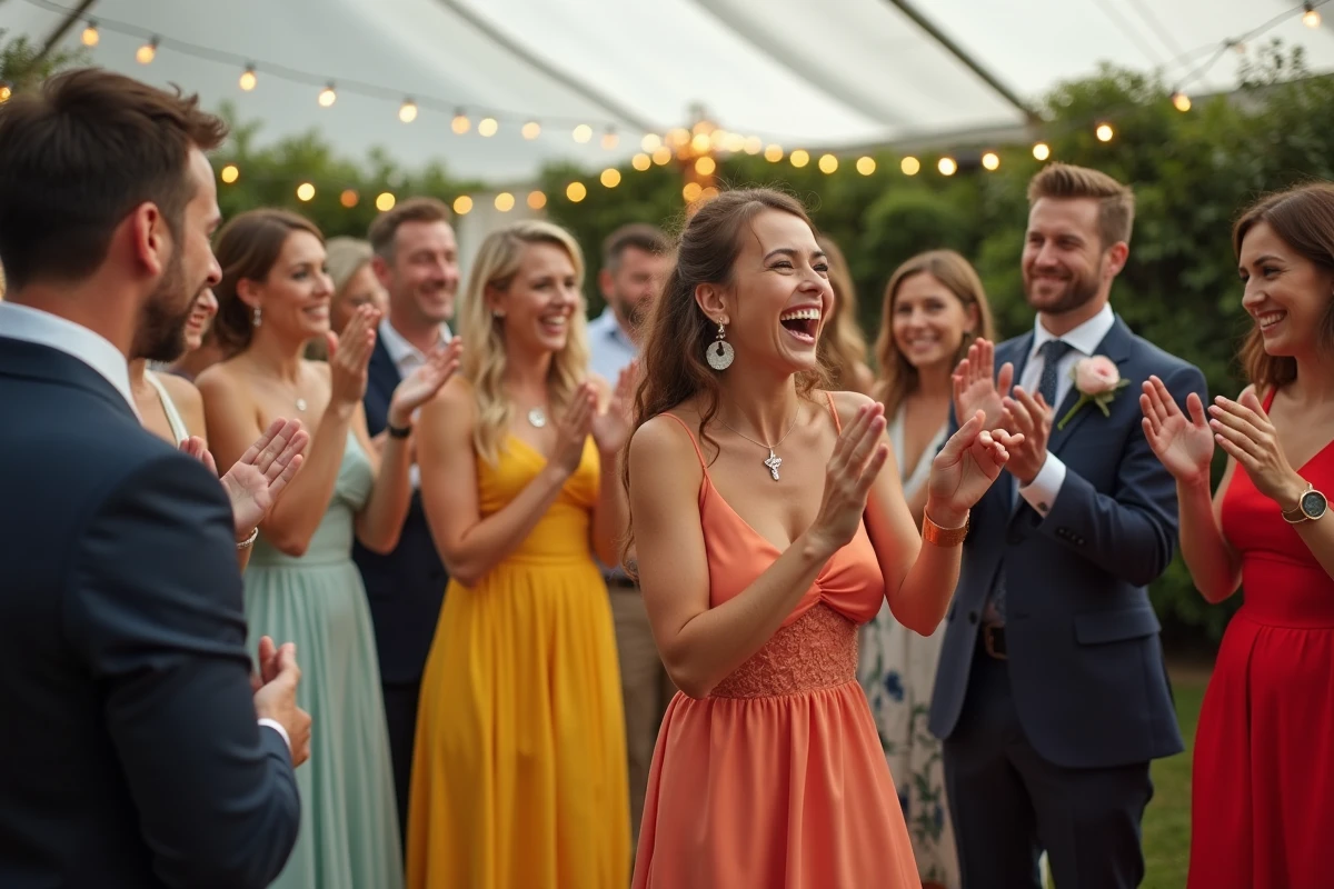 Invités joyeux participant au jeu des 12 mois sur la piste de danse d'un mariage en plein air sous un chapiteau