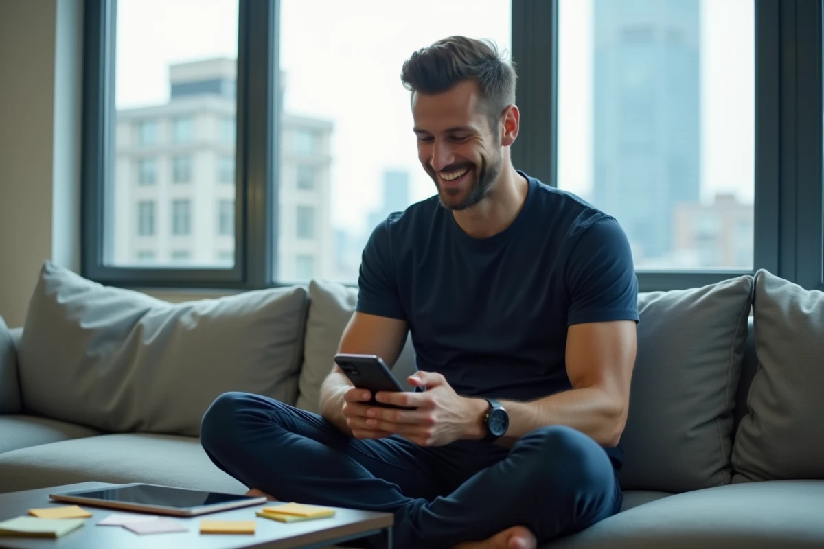 Jeune auto-entrepreneur consultant son smartphone pour gérer son activité freelance depuis chez lui