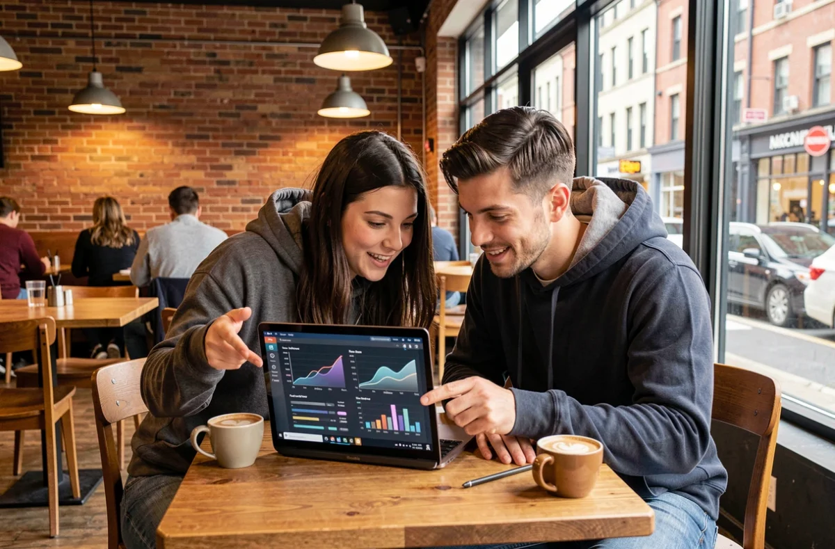 Deux jeunes adultes découvrant des innovations technologiques sur un ordinateur portable dans un café urbain moderne