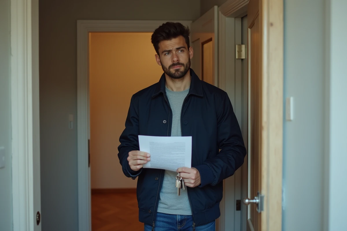 Jeune locataire tenant des clés et un contrat de bail devant l'entrée d'un second logement vide