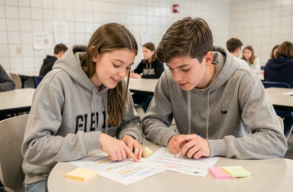 Deux lycéens travaillant ensemble sur des exercices corrigés de classes grammaticales imprimés dans une cafétéria scolaire