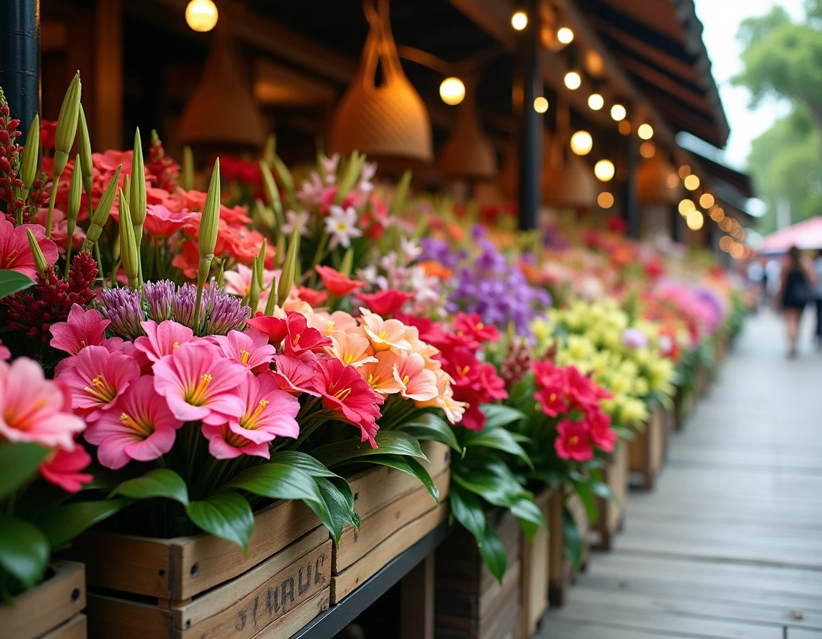 Étal de marché hawaïen avec fleurs tropicales exotiques anthuriums héliconia orchidées et protéas