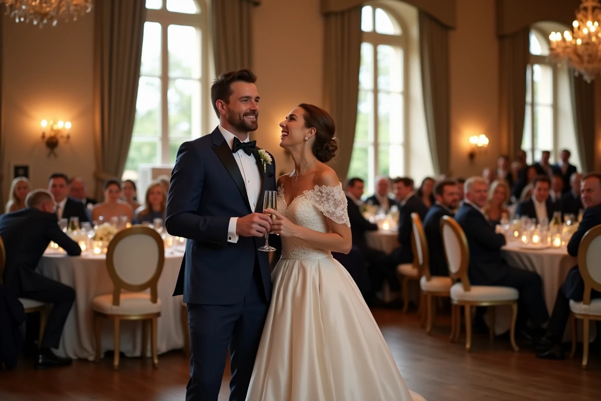 Couple de mariés riant ensemble en observant leurs invités jouer au jeu des 12 mois dans une salle de réception en château