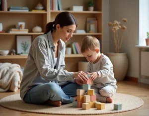Mère et enfant en bas âge jouant avec des cubes en bois sur le sol d'un salon moderne et chaleureux