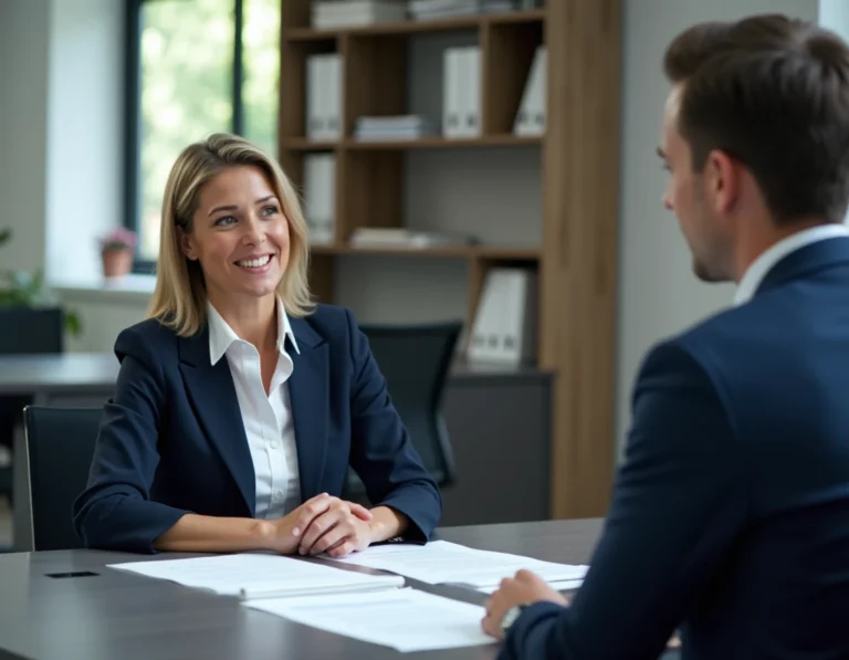 Femme professionnelle négociant son salaire avec un responsable RH dans un bureau d'entreprise, convention 66