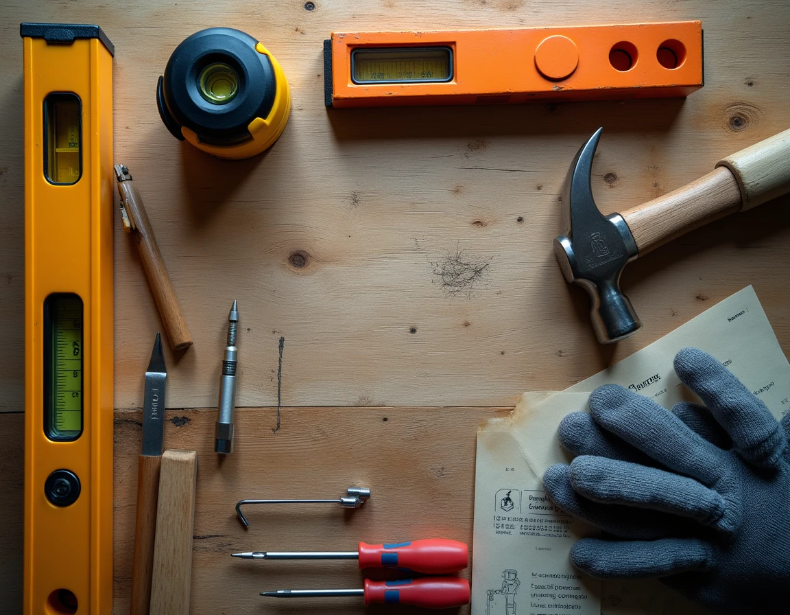 Vue de dessus d'une sélection d'outils de bricolage essentiels soigneusement disposés sur un établi en bois usé