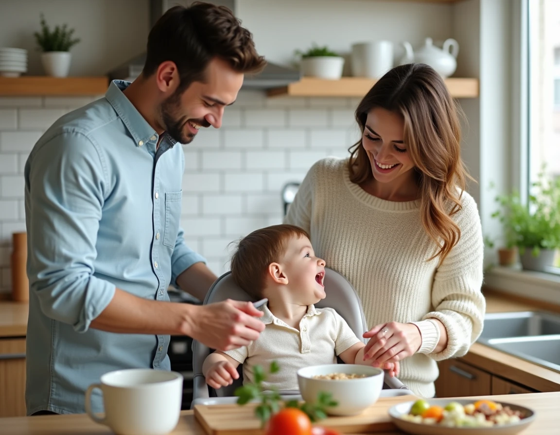 Couple de parents préparant un repas en famille dans une cuisine moderne avec leur bébé dans une chaise haute