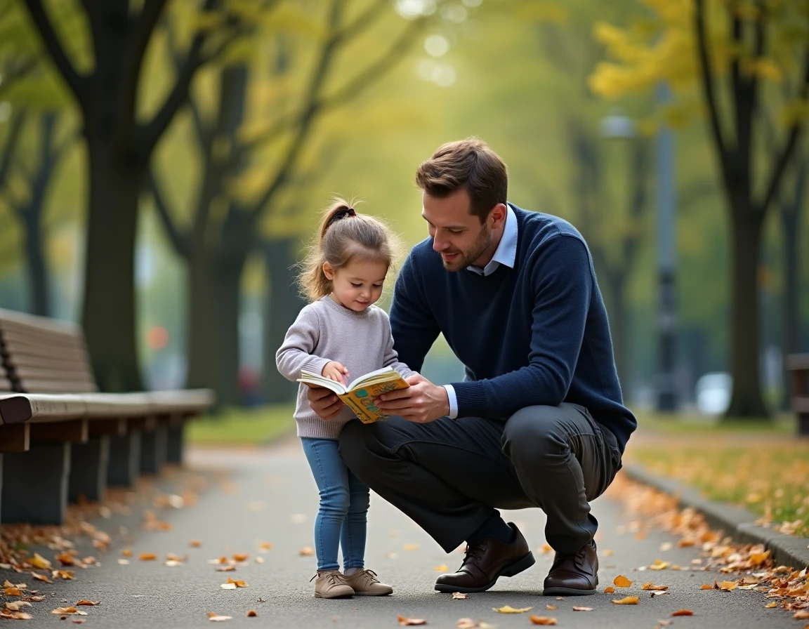Père et fille lisant un livre illustré dans un parc urbain en automne, moment de complicité parentale