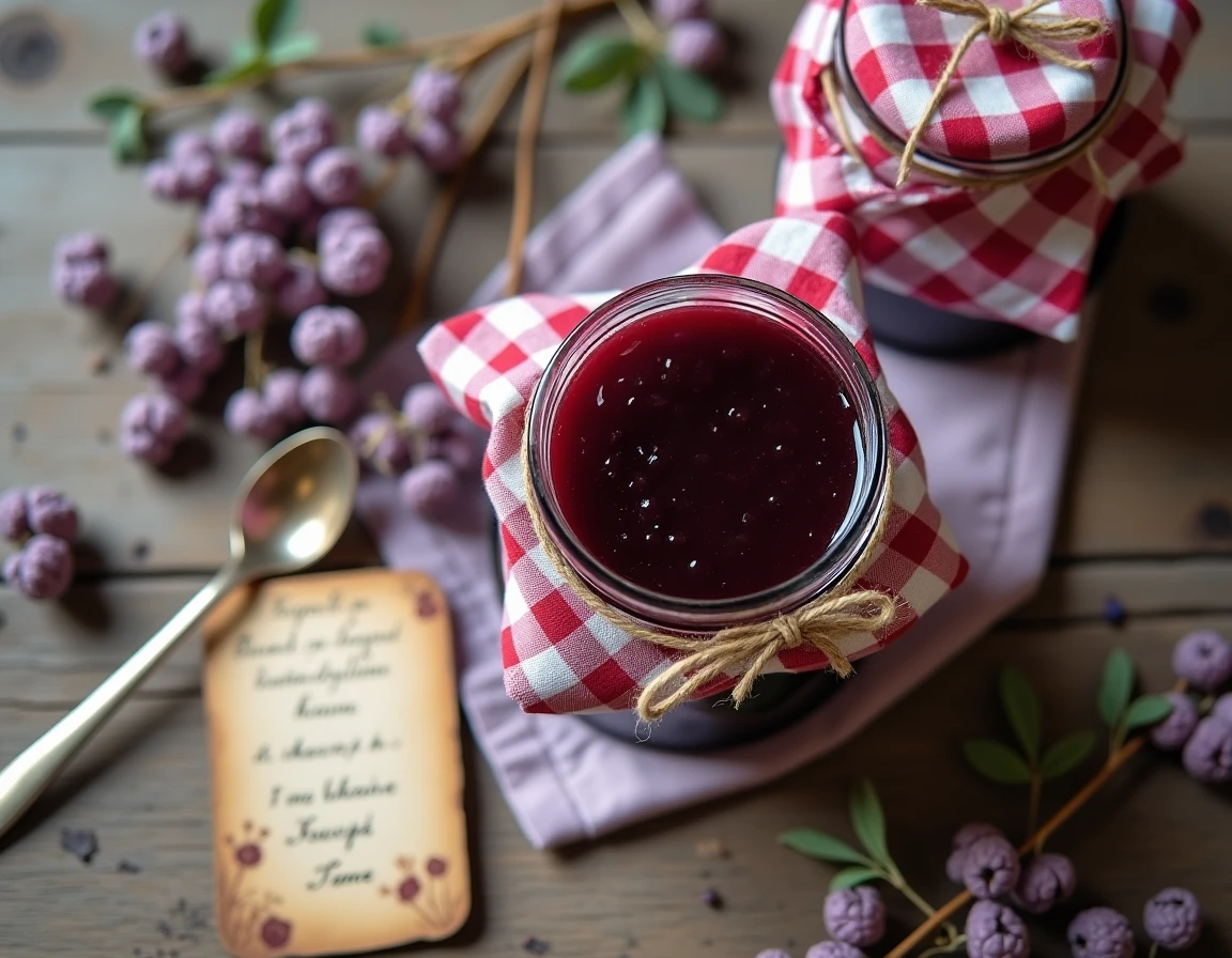 Pot de confiture de mûres du mûrier platane maison avec baies fraîches et cuillère vintage en vue du dessus