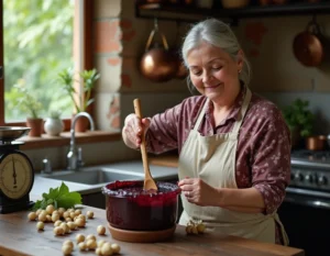 Femme préparant de la confiture de mûres du mûrier platane maison dans une cuisine rustique