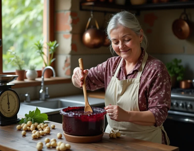 Femme préparant de la confiture de mûres du mûrier platane maison dans une cuisine rustique