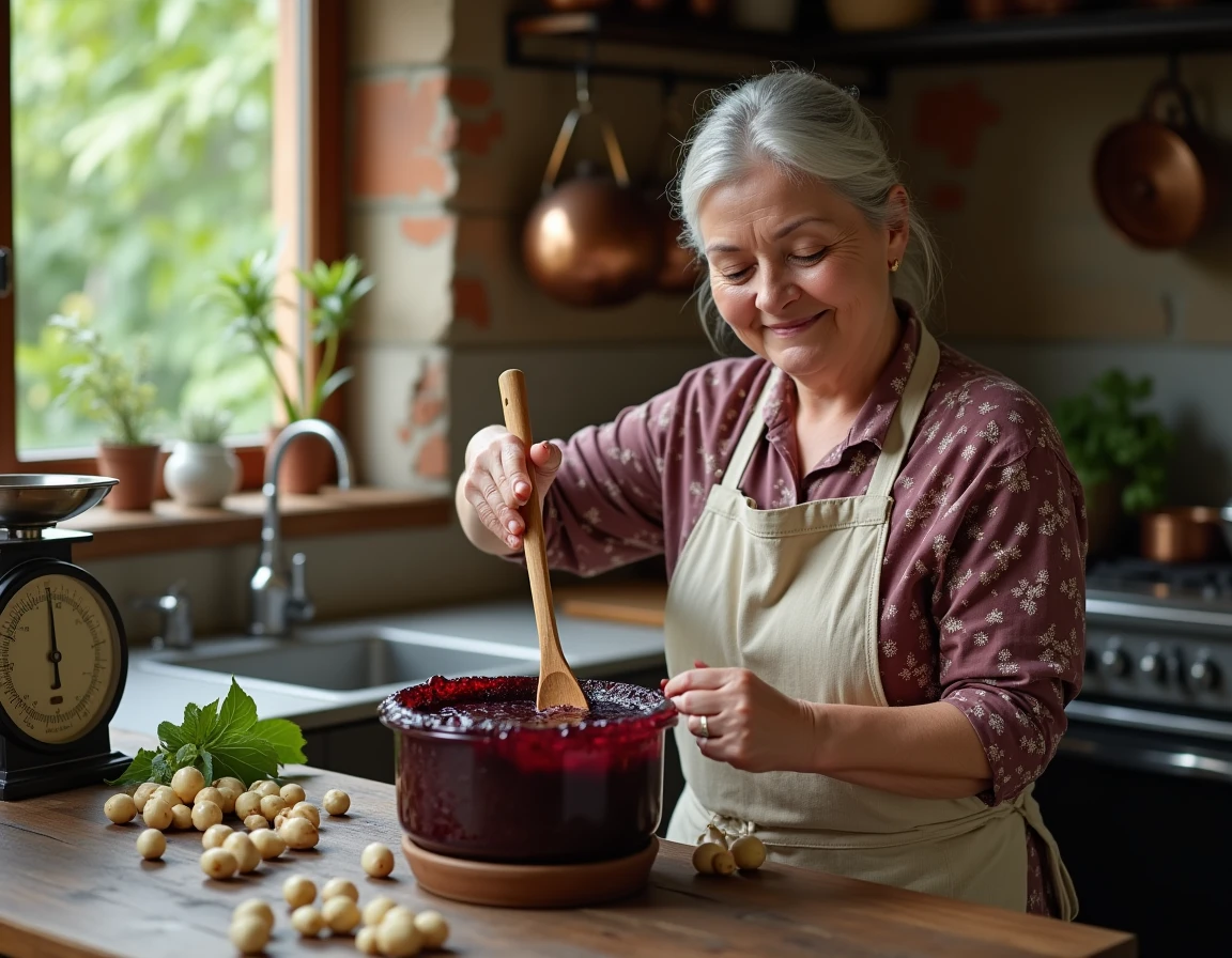 Femme préparant de la confiture de mûres du mûrier platane maison dans une cuisine rustique