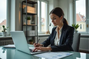 Psychologue femme dans un bureau moderne avec ordinateur et vue urbaine