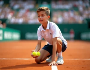 Ramasseur de balles adolescent en tenue officielle accroupi sur un court de tennis en terre battue lors d'un tournoi professionnel