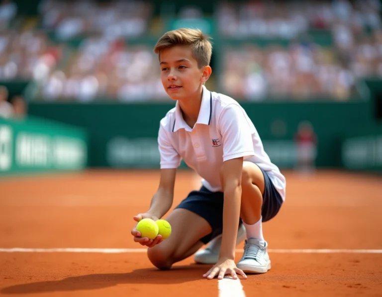 Ramasseur de balles adolescent en tenue officielle accroupi sur un court de tennis en terre battue lors d'un tournoi professionnel