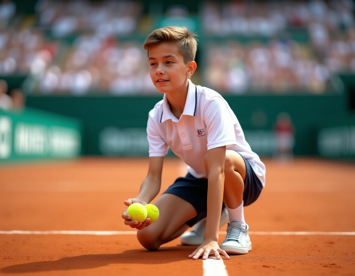 Ramasseur de balles adolescent en tenue officielle accroupi sur un court de tennis en terre battue lors d'un tournoi professionnel