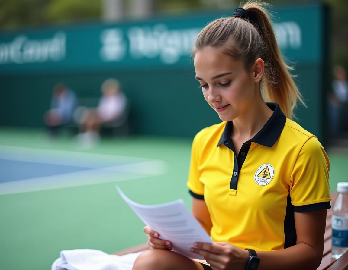 Jeune ramasseuse de balles lisant son planning de rémunération sur le banc de touche d'un court de tennis professionnel en plein air