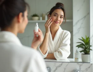 Femme appliquant un sérum de soin visage devant un miroir de salle de bain en marbre lors de sa routine beauté matinale