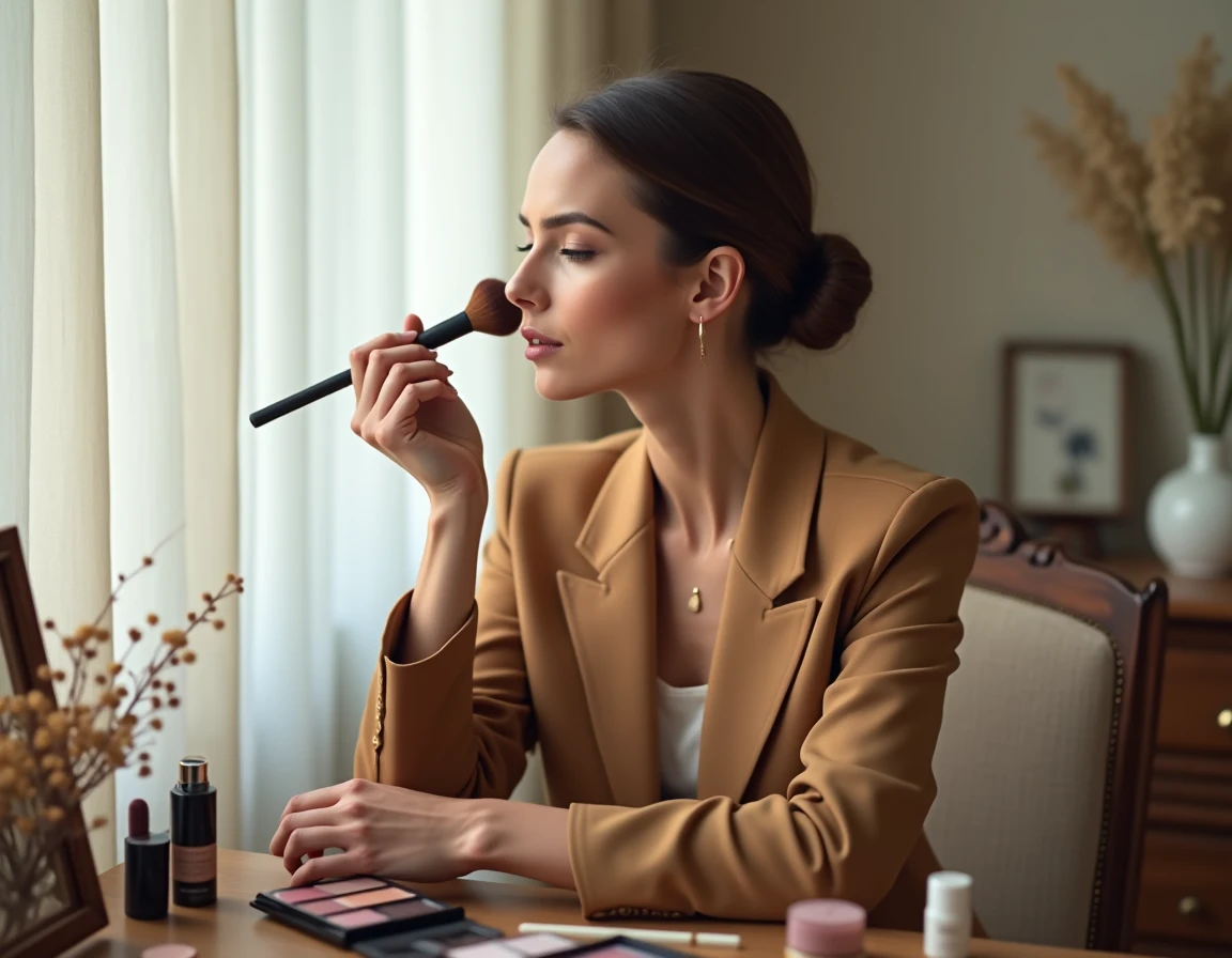 Femme mature appliquant du blush avec un pinceau devant une coiffeuse en bois dans une chambre élégante lors de sa routine maquillage