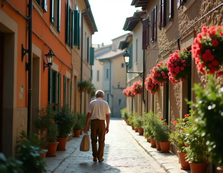 Ruelle en pierre pavée du village médiéval de Pietra d'Alba en Italie avec un habitant âgé et des façades en pierre ocre ornées de géraniums