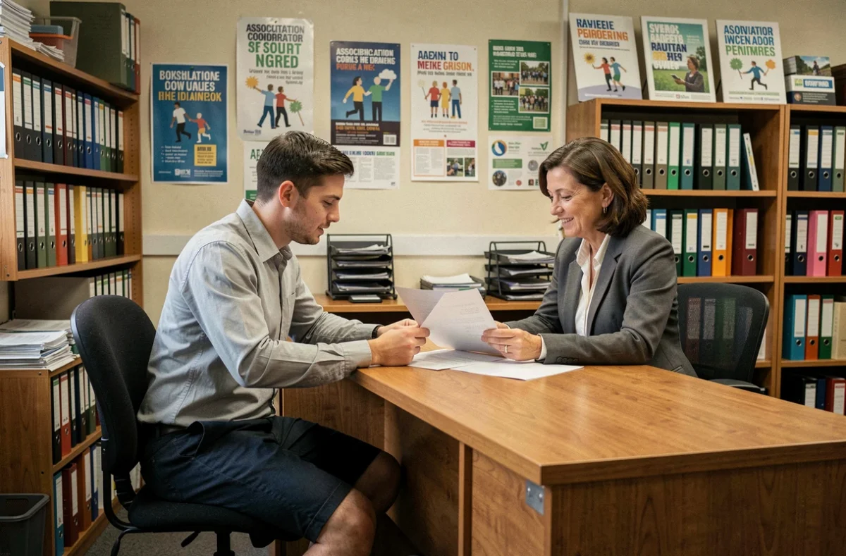 Entretien entre un volontaire associatif et un coordinateur pour la signature d'un contrat de bénévolat en bureau associatif
