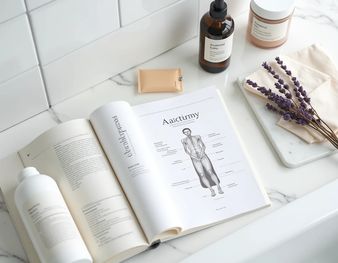 Disposition à plat d'objets de bien-être intime sur marbre blanc incluant livres anatomiques, lubrifiant naturel et gants, dans une salle de bain moderne