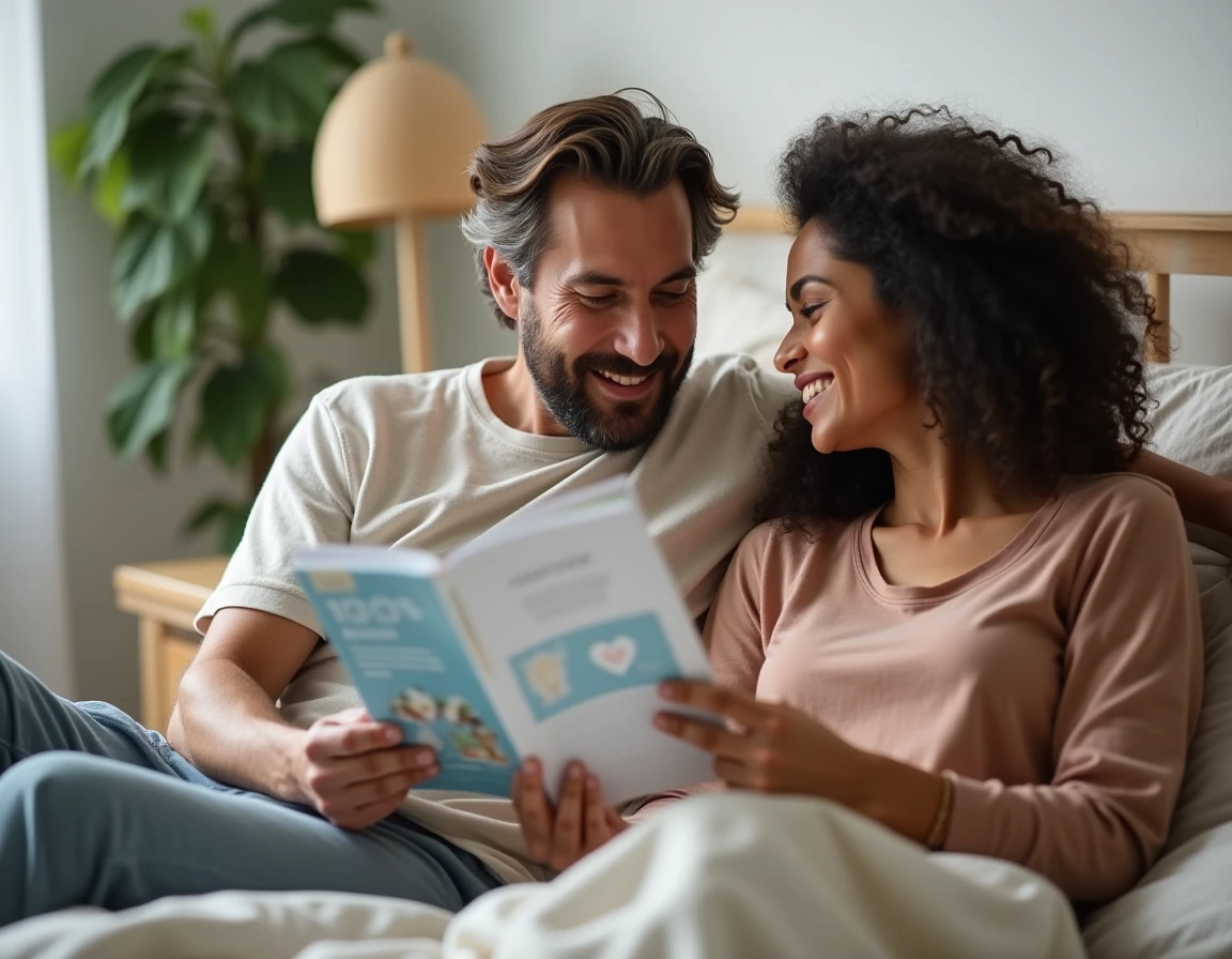 Couple adulte détendu sur un lit discutant d'un guide de santé intime dans une chambre moderne et apaisante