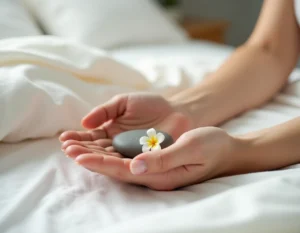 Mains adultes tenant un galet et un pétale de fleur sur du lin blanc, évoquant la douceur et le soin intime dans un cadre minimaliste