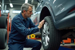 Technicien en atelier inspectant un pneu neuf sur une roue