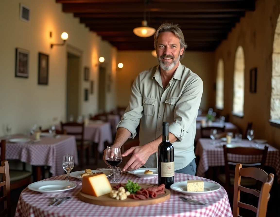 Intérieur rustique d'une trattoria italienne à Pietra d'Alba avec un homme arrangeant des plats locaux piémontais sur une table en bois