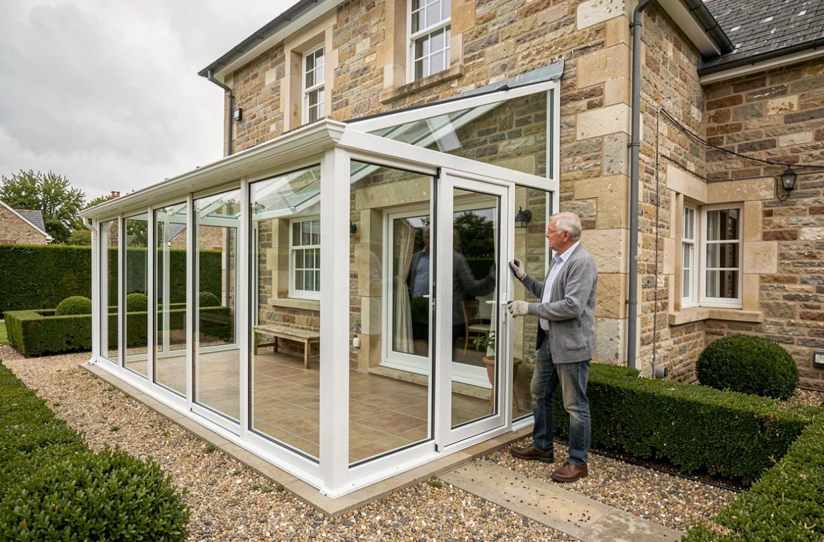 Véranda bioclimatique installée sur une maison traditionnelle à Caen vue depuis le jardin